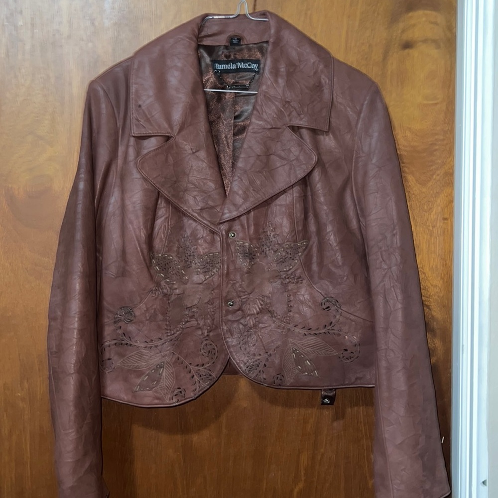 Pamela McCoy Brown Embellished Leather Jacket